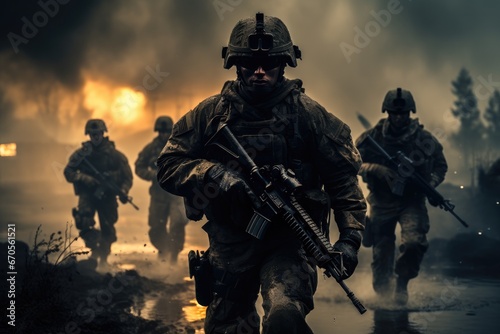 Group of special forces soldiers on war.