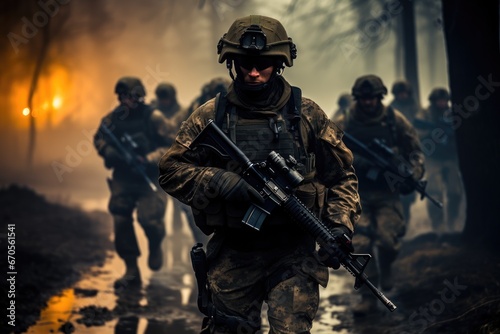 Group of special forces soldiers on war.