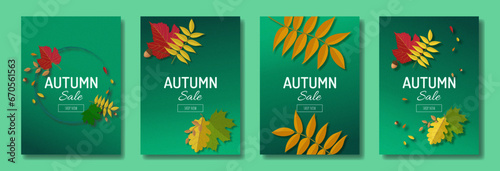Obraz na płótnie Set of elegant Autumn poster, invitation, postcards and frame leaflet, brochure cover or web banner. Vector illustration voucher template with colorful leaves w salonie