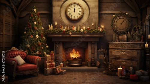 Beautiful fireplace with clock above and lot of candles. Nice warm feel. Christmas decoration in old home from victorian age.