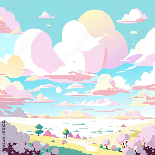 Clouds sky lagoon park land bright day breezy colors nature graphic vector