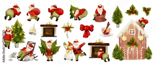 Santa Claus and Christmas symbols big set.
Set of funny cartoon Santa with different emotions and situations.