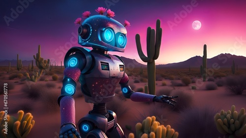 Ai Robot in the desert at sunset