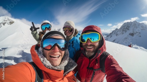 Group of friends taking selfie hiking in snowy mountains with clear sky, generative AI.