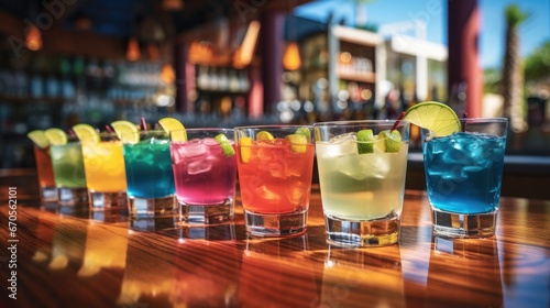 Shot of cocktail on bar with colorful drinks.