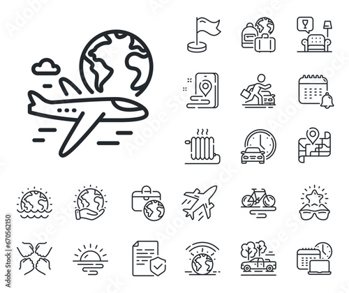 International flight sign. Plane jet, travel map and baggage claim outline icons. Global travel line icon. Online trip symbol. International flight line sign. Car rental, taxi transport icon. Vector