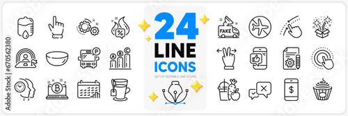 Icons set of Juice, Documentation and Flight mode line icons pack for app with Cursor, Drop counter, Reject thin outline icon. Swipe up, Click hand, Bus parking pictogram. Calendar graph. Vector