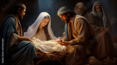 The Nativity of Christ, Joseph and Mary at the cradle of the infant Jesus Christ and the three magi.