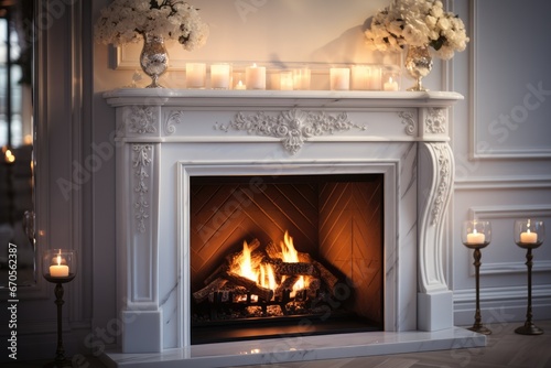 Close up white fireplace  Elegant background.