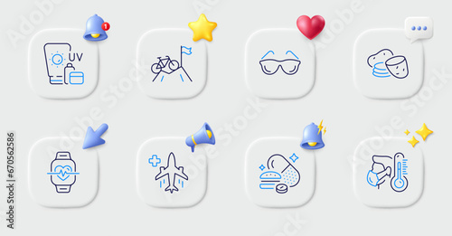 Sick man, Eyeglasses and Potato line icons. Buttons with 3d bell, chat speech, cursor. Pack of Medical flight, Mountain bike, Cardio training icon. Sunscreen, Overeating pills pictogram. Vector