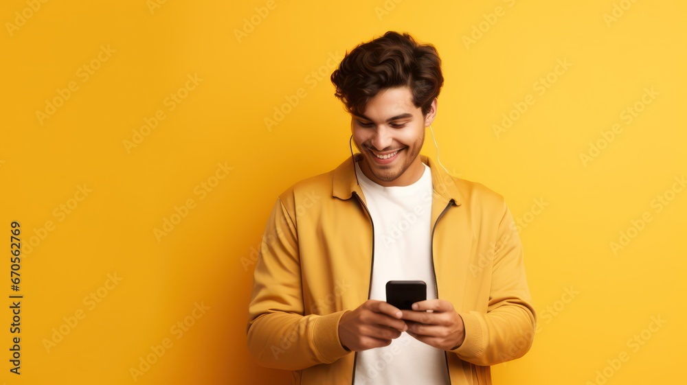 Smiling handsome young man browsing social media on mobile phone while standing on yellow background with lots of copy space on the right created with Generative AI