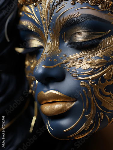 Gesicht einer Frau in speziellen grandiosen blau mit golden Applikationen und Airbrush im Gesicht Nahaufnahme für die Kosmetik als Poster, ai generativ