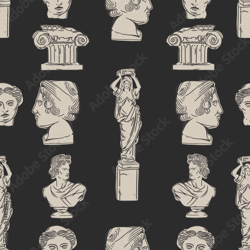 Hand drawn vector abstract graphic, greek ancient sculpture statues and column line art modern seamless pattern.Antique vintage classic sculpture in trendy line style.Antique statue design background.