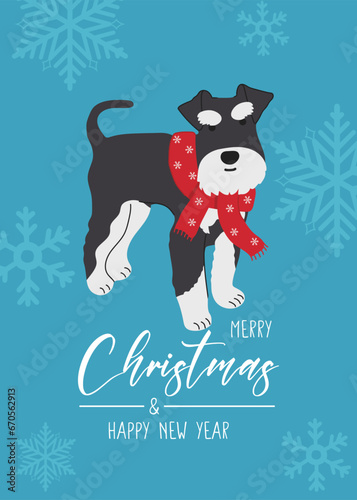 Christmas Miniature Schnauzer in hand drawn style. Greeting text Merry Christmas. Beautiful illustration for greeting cards, posters and seasonal design.