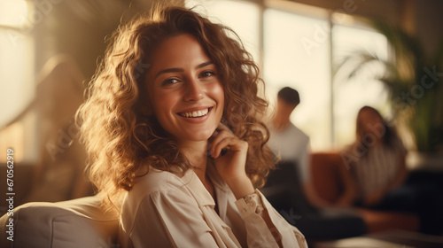 Successful businesswoman standing in creative office and looking at camera while smiling. Golden hour.