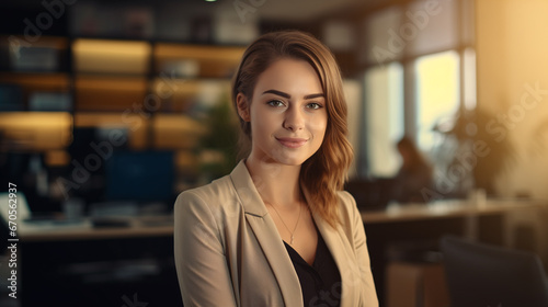 Successful businesswoman standing in creative office and looking at camera while smiling. Golden hour.