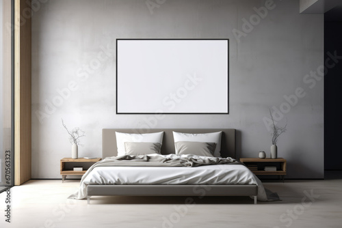Mock up image with clean sheet for your photo. Nice and cozy bedroom in minimalistic style.