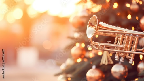  a close up of a trumpet in front of a christmas tree with gold baubles and lights in the background. generative ai