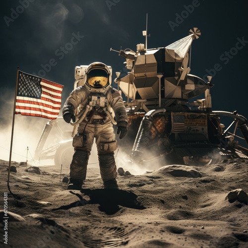 Lunar Lander and US Astronaut Apollo 11 Mission Moon Landing Reenactment Concept photo