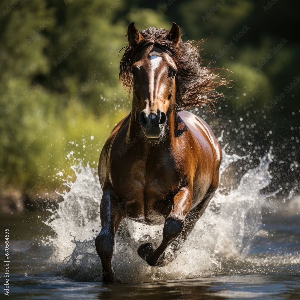 Fototapeta premium Breathtaking Scene of Horses Crossing Pond in Harmonious Beauty and Grace