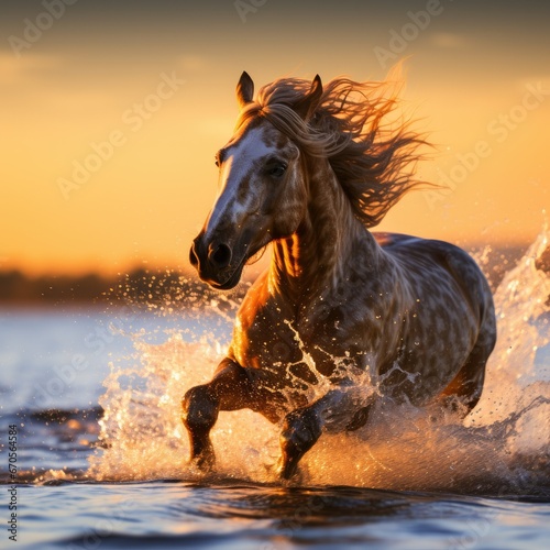 Horses Running Free Across Wilderness Pond Splashing Vitality © Made360