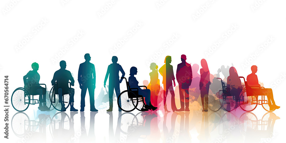 Silhouettes of diverse business people standing, men and women full length, disabled person sitting in wheelchair. Inclusive business concept. illustration isolated on transparent background - obrazy, fototapety, plakaty 