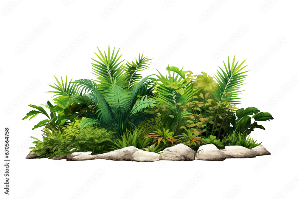 Garden design isolated on white background. Green plants for landscaping. Decorative shrub and flower bed Garden design isolated on white background. Green plants for landscaping. Decorative shrub and flower bed