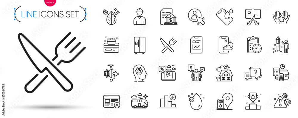 Fototapeta premium Pack of Vitamin e, Bus travel and Smartphone waterproof line icons. Include Report document, Loyalty card, Fireworks pictogram icons. Smartphone cloud, Travel loan, Bank document signs. Vector