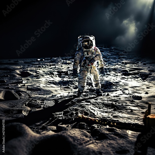 Astronaut walking across Craters on the Moon Space Exploration Concept