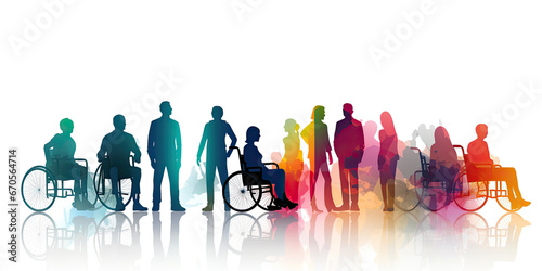Fototapeta Silhouettes of diverse business people standing, men and women full length, disabled person sitting in wheelchair