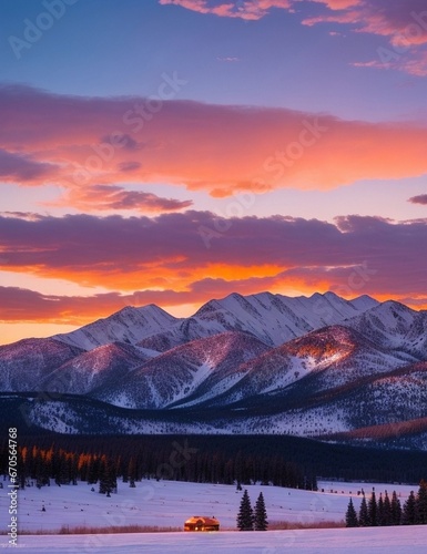  sunset over the snow-covered Rocky Mountains