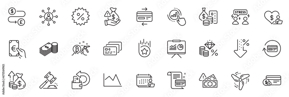 Icons pack as Finance, Difficult stress and Card line icons for app include Low percent, Volunteer, Accounting outline thin icon web set. Bitcoin mining, Presentation, Money transfer pictogram. Vector