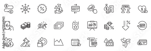 Icons pack as Finance  Difficult stress and Card line icons for app include Low percent  Volunteer  Accounting outline thin icon web set. Bitcoin mining  Presentation  Money transfer pictogram. Vector