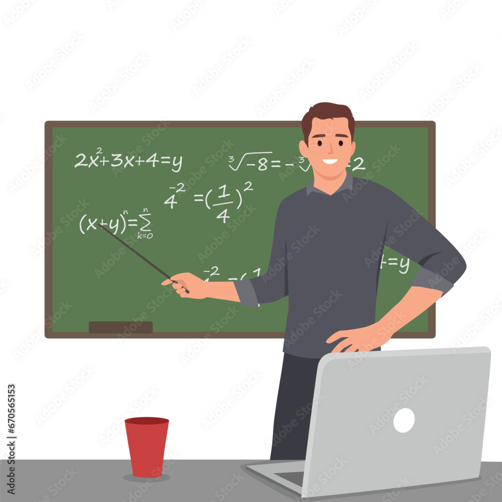 Young high school male teacher teach math online through laptop in