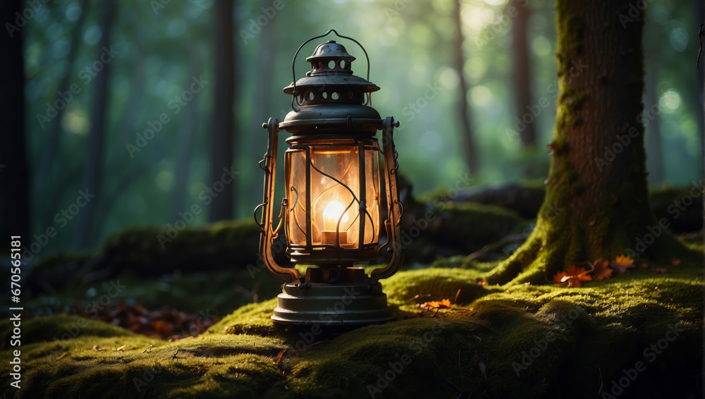 A medieval lantern shines in the forest at night.