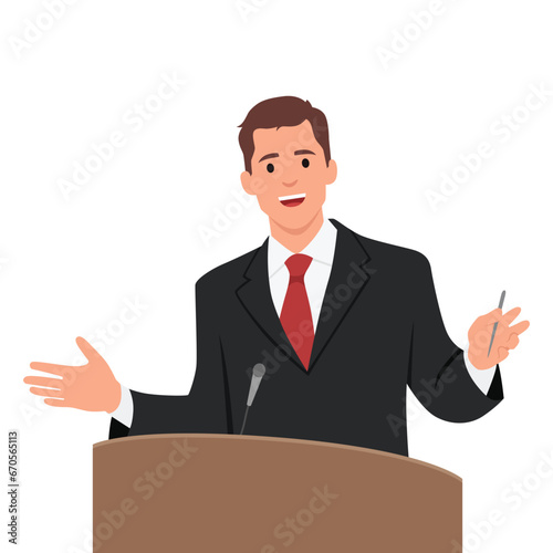 Businessman or politician speaking at the podium. Flat vector illustration isolated on white background