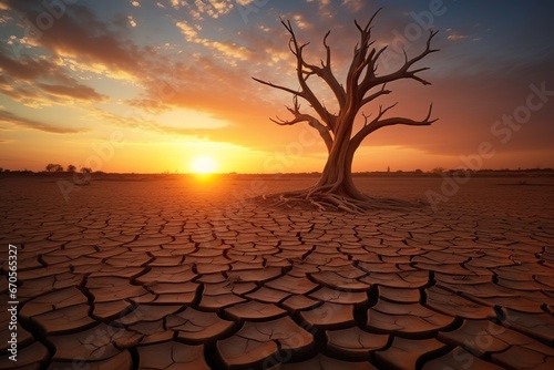 Dry land with dry tree at sunset. Global warming concept © JetHuynh