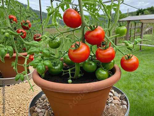 Close-up of two tomato plants growing in a garden, Ireland