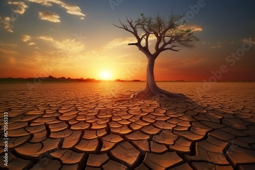 Dry land with dry tree at sunset. Global warming concept