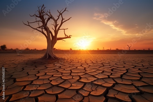 Dry land with dry tree at sunset. Global warming concept © JetHuynh
