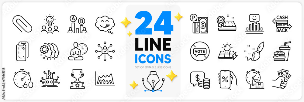 Icons set of Ab testing, Puzzle options and Paper clip line icons pack for app with Parking payment, Security lock, Mattress guarantee thin outline icon. Solar panels, Employees teamwork. Vector