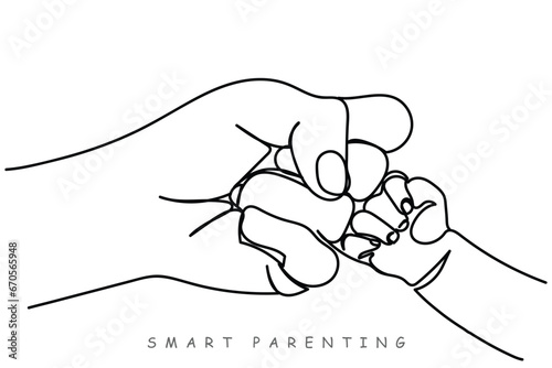 International infant protection day.Child care.Tiny little adorable hands of little baby toddler in mothers hands.Cool Father with kid.Smart and cool parents.Kids protection.Healthcare safety lineart