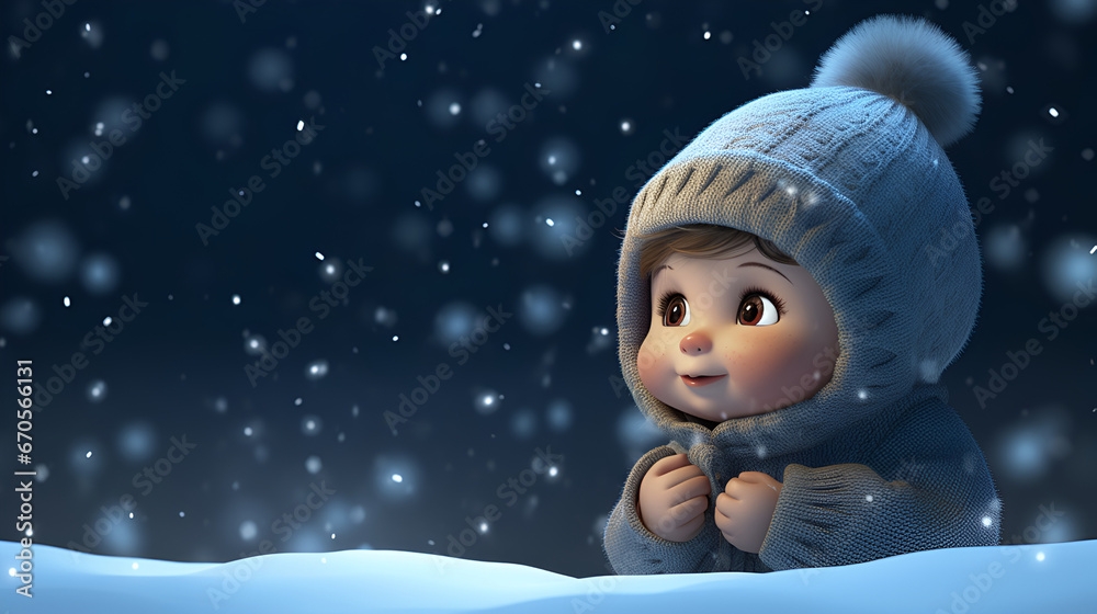 Whimsical Winter Illustration: Child in Snowy Night Gazing Up with Wide-Eyed Wonder. Generative AI Whimsical Winter Illustration: Child in Snowy Night Gazing Up with Wide-Eyed Wonder. Generative AI