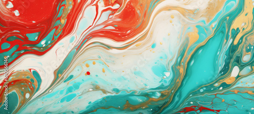 Abstract marbling oil acrylic paint background illustration art wallpaper - Red turquoise white gold color with liquid fluid marbled paper texture banner painting texture