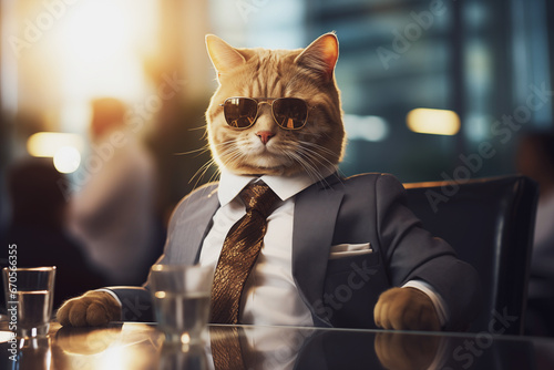Photo of businessman cat in suit at the office photo