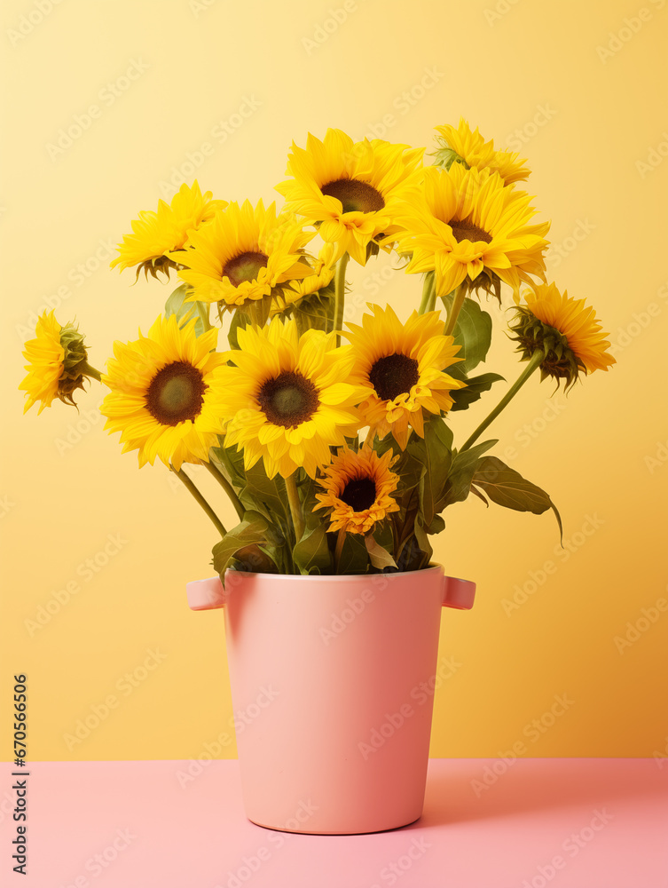 Photo of perfect yellow sunflower in pink pot