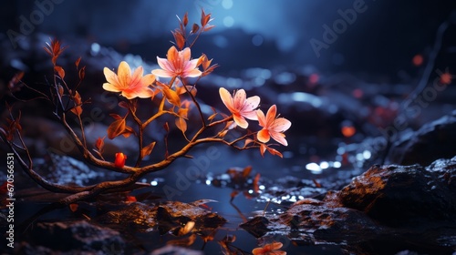 Winter Night's Glow: Outdoor Scene with Leaf and Rock