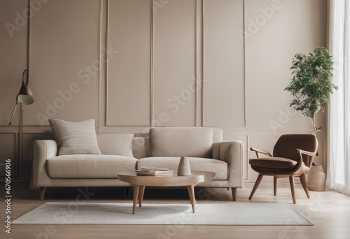 Beige contemporary minimalist interior with armchair, blank wall, coffee table and decor