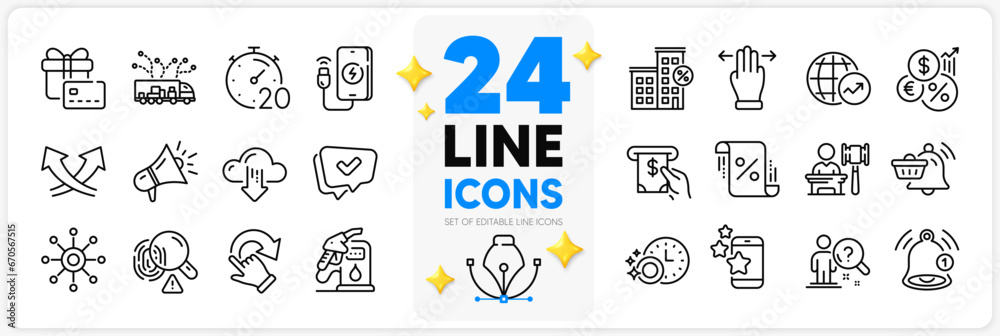 Icons set of Best app, Phone charging and Gift card line icons pack for app with Atm service, Auction, Multitasking gesture thin outline icon. Approved, World statistics. Design with 3d stars. Vector