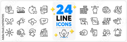 Icons set of Best app, Phone charging and Gift card line icons pack for app with Atm service, Auction, Multitasking gesture thin outline icon. Approved, World statistics. Design with 3d stars. Vector